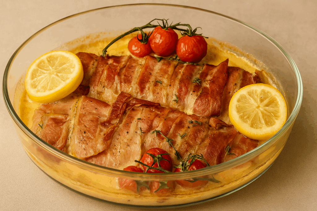 Varkenshaas met spek in champignonsaus